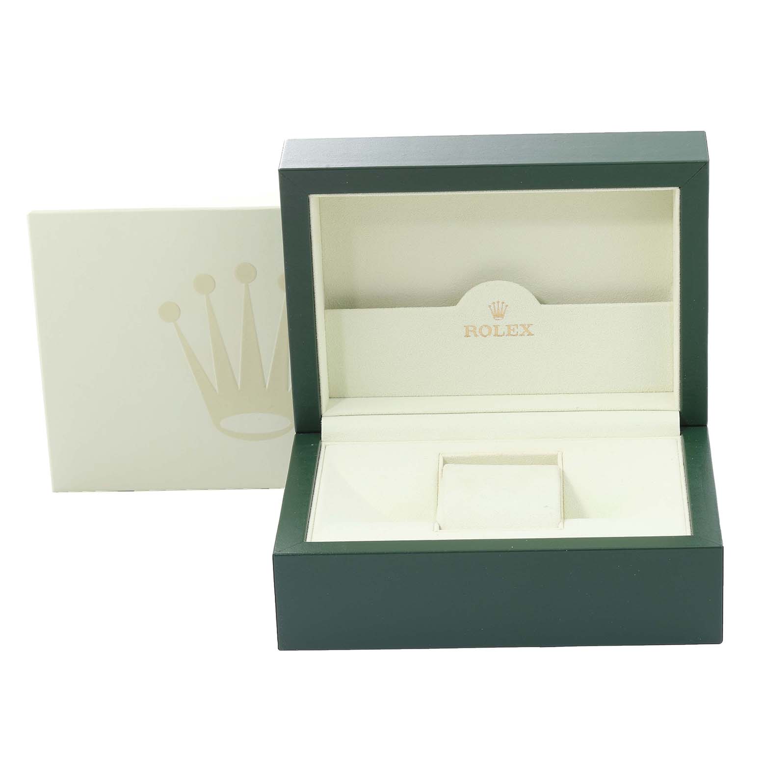 The image shows an open Rolex Datejust 126233 Men's Steel and Gold (two tone) Champagne Dial 126233 Men's Steel and Gold (two tone) Champagne Dial watch box with the inner cushion and an outer white box.