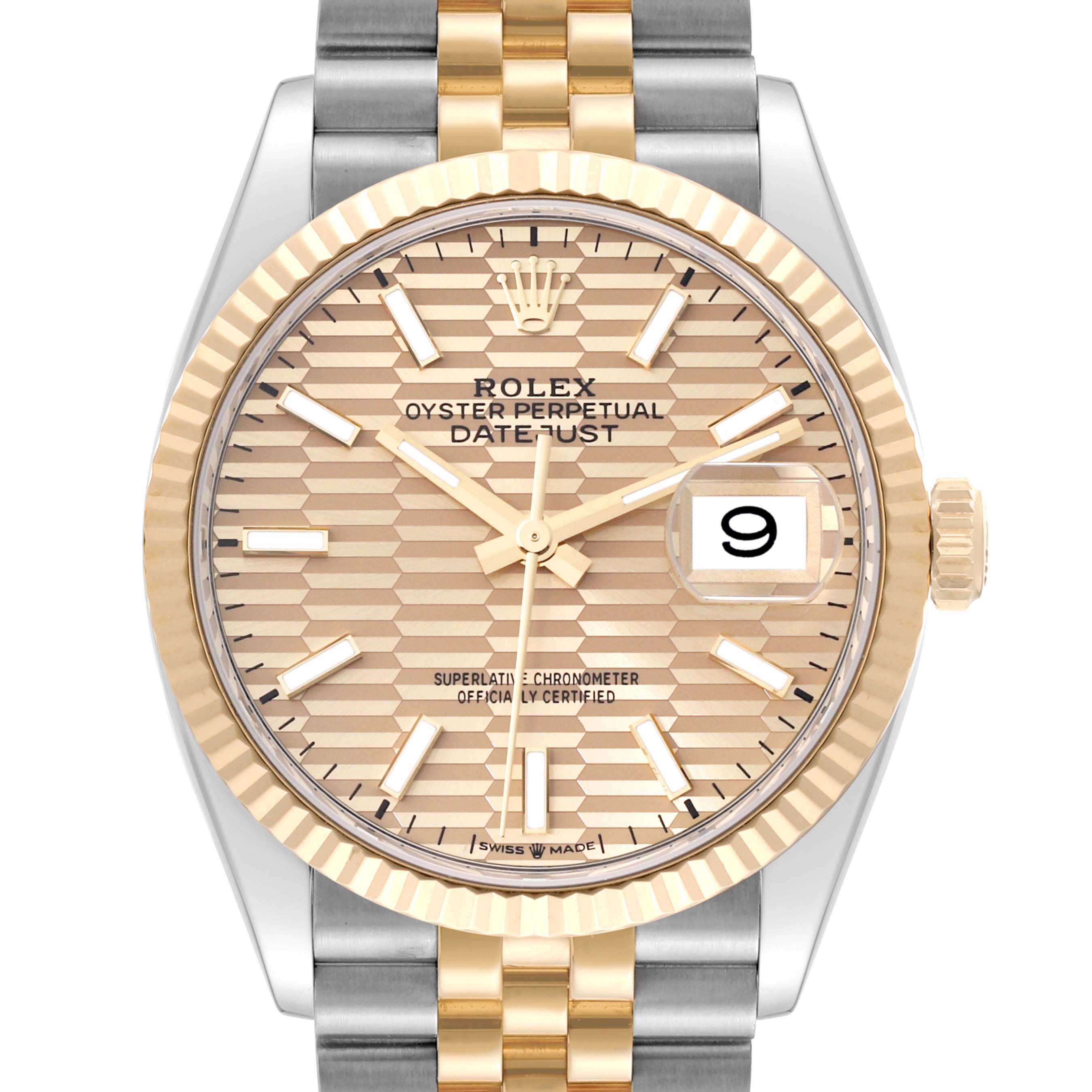 This is a front view of a Rolex Datejust 126233 Men's Steel and Gold (two tone) Champagne Dial 126233 Men's Steel and Gold (two tone) Champagne Dial watch, showcasing the dial, fluted bezel, and two-tone bracelet.
