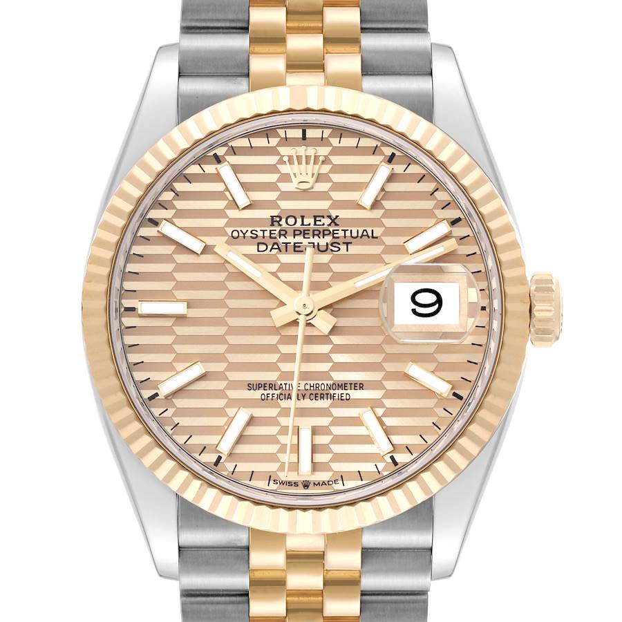 This is a front view of a Rolex Datejust 126233 Men's Steel and Gold (two tone) Champagne Dial 126233 Men's Steel and Gold (two tone) Champagne Dial watch, showcasing the dial, fluted bezel, and two-tone bracelet.