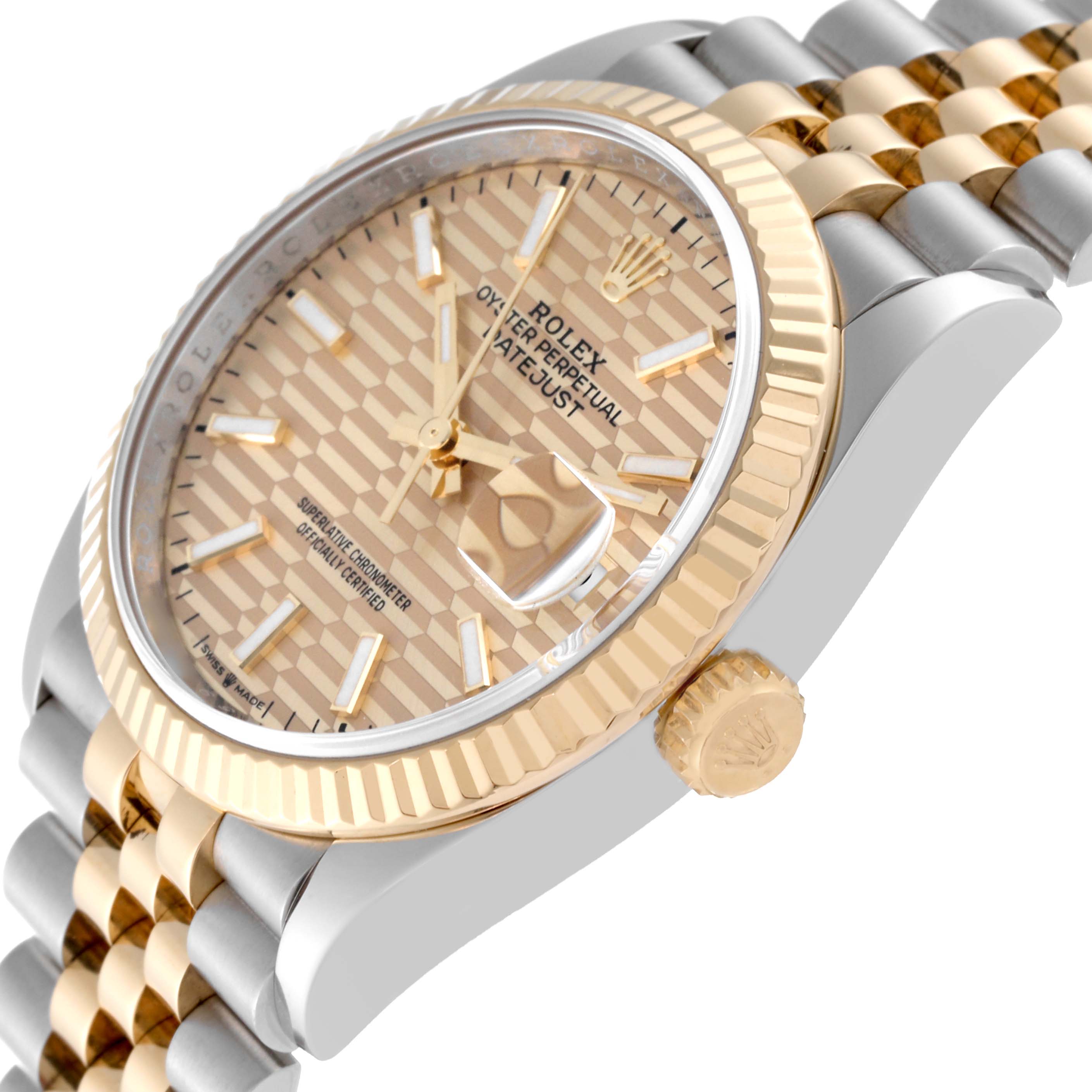 This angled shot of the Rolex Datejust 126233 Men's Steel and Gold (two tone) Champagne Dial 126233 Men's Steel and Gold (two tone) Champagne Dial model shows the dial, fluted bezel, crown, and part of the jubilee bracelet.