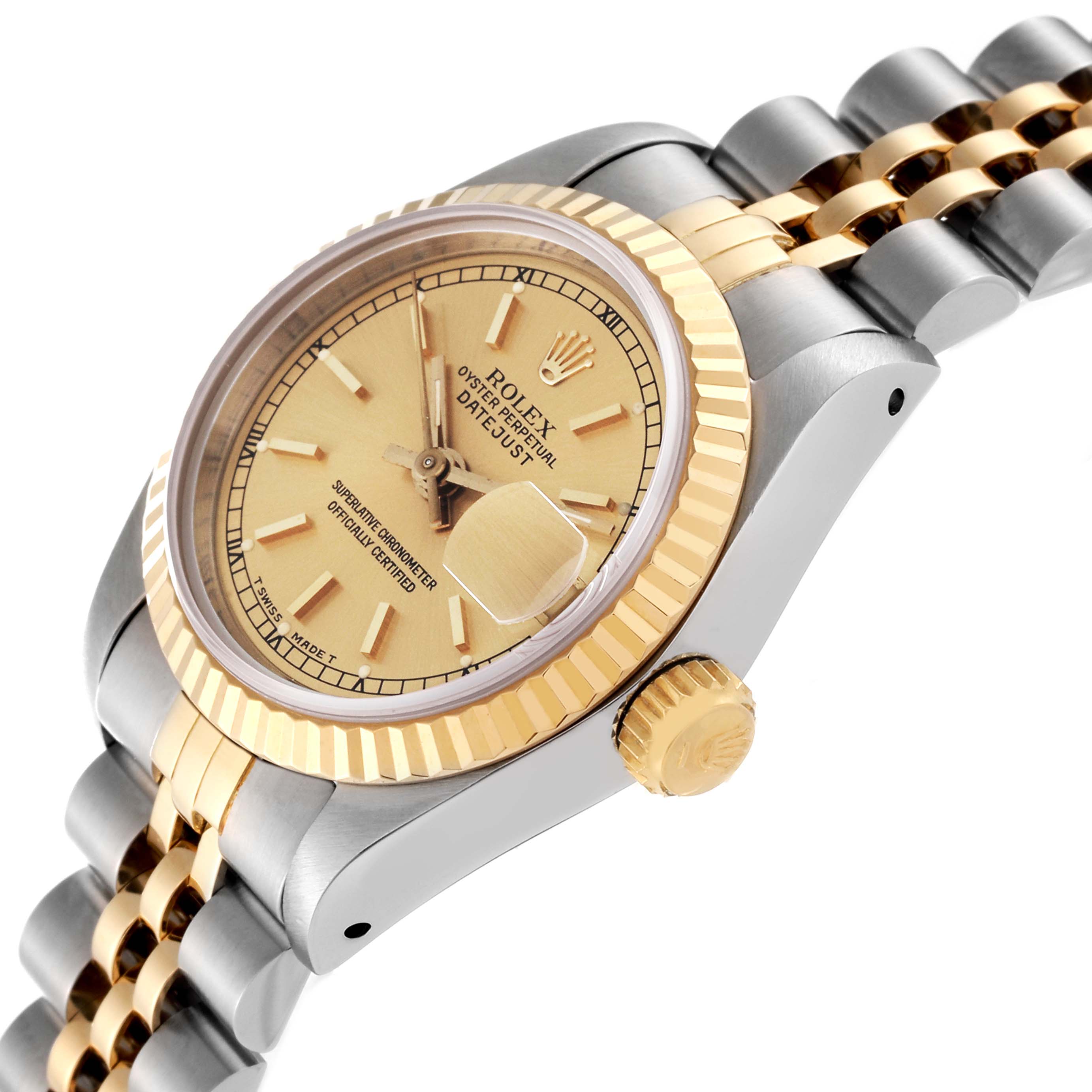 The Rolex Datejust 69173 Women's Steel and Gold (two tone) Champagne Dial 69173 Women's Steel and Gold (two tone) Champagne Dial watch is shown at a slight angle displaying the dial, fluted bezel, crown, and part of the bracelet.