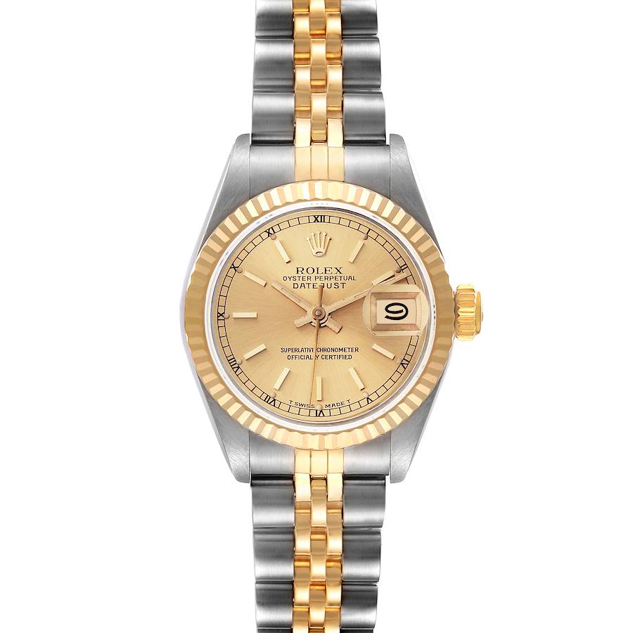 This image shows a front view of a Rolex Datejust 69173 Women's Steel and Gold (two tone) Champagne Dial 69173 Women's Steel and Gold (two tone) Champagne Dial watch, showcasing its dial, bezel, crown, and bracelet.
