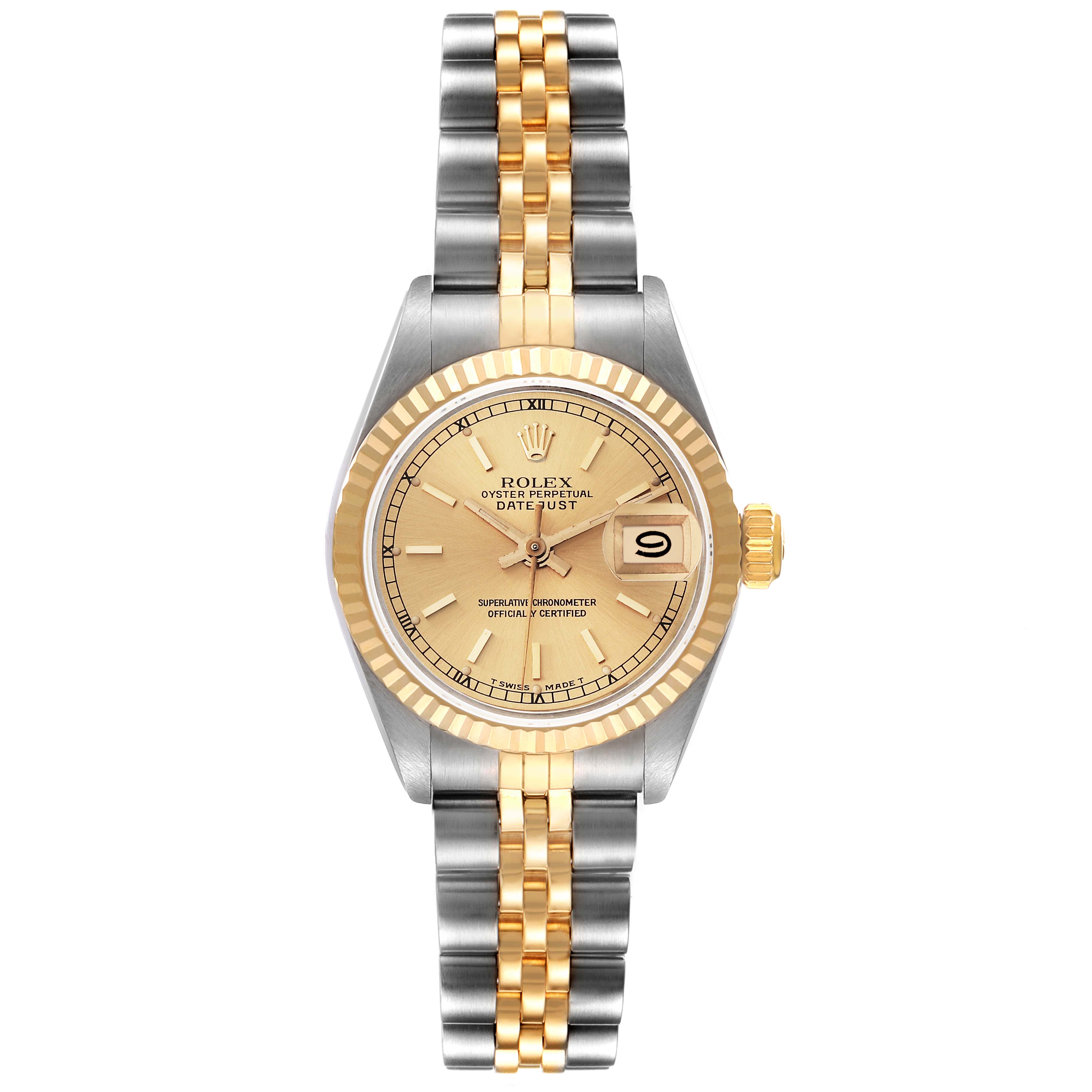 The Rolex Datejust 69173 Women's Steel and Gold (two tone) Champagne Dial 69173 Women's Steel and Gold (two tone) Champagne Dial watch is shown from a top-down angle, highlighting the gold and silver bracelet, dial, and date window.