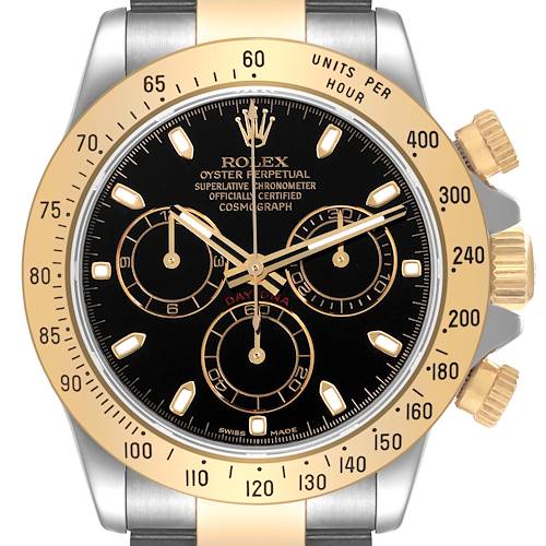 The image shows a front view of the Rolex Daytona 116523 Men's Steel and Gold (two tone) Black Dial 116523 Men's Steel and Gold (two tone) Black Dial watch, highlighting the dial, bezel, and crown.