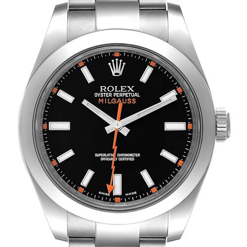 This image shows a front view of the Milgauss model by Rolex, highlighting the watch face, hour markers, and bracelet attachment.