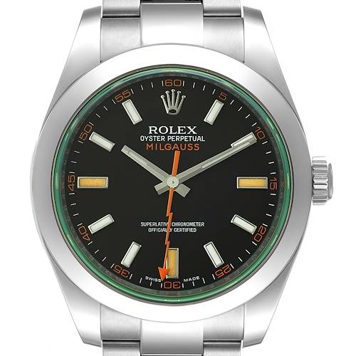 This image shows a Rolex Milgauss 116400GV Men's Stainless Steel Black Dial 116400GV Men's Stainless Steel Black Dial watch face and bezel from a front angle.