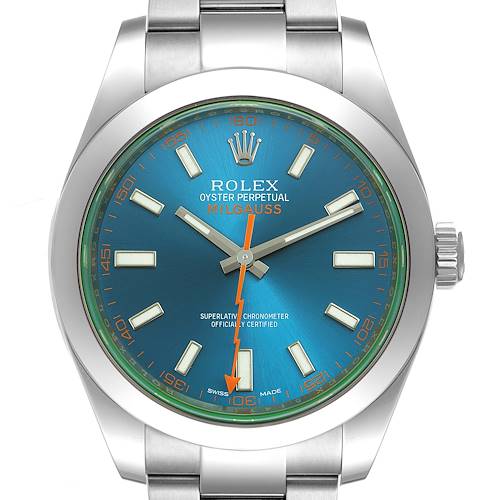 The image shows a front view of a Rolex Milgauss 116400GV Men's Stainless Steel Blue Dial 116400GV Men's Stainless Steel Blue Dial watch, highlighting the dial, hands, and part of the bracelet.