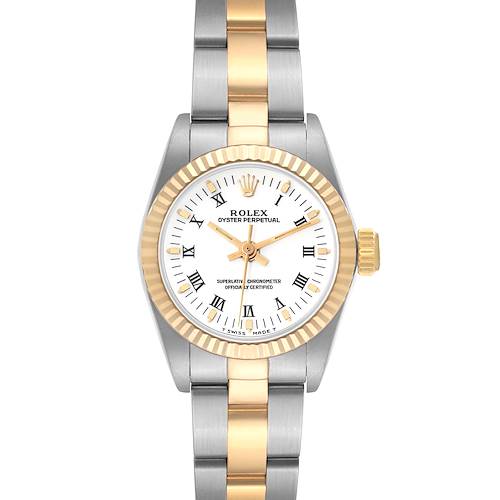 This image shows a front view of the Rolex Oyster Perpetual 67193 Women's Steel and Gold (two tone) White Dial 67193 Women's Steel and Gold (two tone) White Dial watch, highlighting its dial, bezel, and two-tone bracelet.