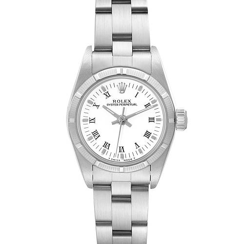 This Rolex Oyster Perpetual 67230 Women's Stainless Steel White Dial 67230 Women's Stainless Steel White Dial watch is shown from a front angle, displaying its dial, bezel, crown, and part of its bracelet.