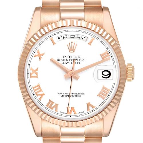 The image shows a front view of the Rolex President model 118235 men's watch, highlighting the dial, fluted bezel, and part of the bracelet.