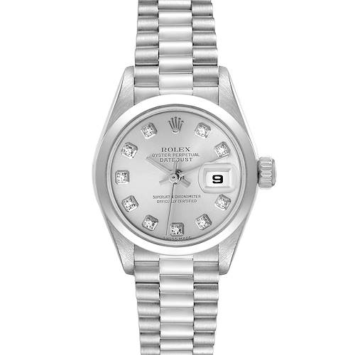 The image shows a front view of a Rolex President 79166 Women's Platinum Silver Dial 79166 Women's Platinum Silver Dial model watch, displaying the dial, crown, and bracelet.