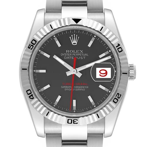 This image shows a frontal view of the Rolex Turn-o-Graph 116264 Men's Stainless Steel Black Dial 116264 Men's Stainless Steel Black Dial watch, highlighting the dial, bezel, hands, and bracelet.