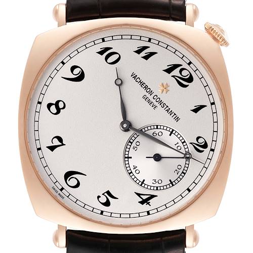 The image shows a close-up, front view of the Vacheron Constantin Historiques 82035000R-9359 Men's Rose Gold Silver Dial 82035000R-9359 Men's Rose Gold Silver Dial watch including its dial and leather strap attachment.