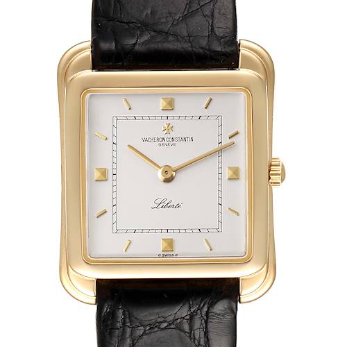 A frontal view of the Vintage Vacheron Constantin Liberté watch shows the square gold case, dial, and part of its black leather strap.
