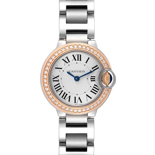The image shows a frontal view of the Cartier Ballon Bleu WE902079 Women's Steel and Gold (two tone) Silver Dial WE902079 Women's Steel and Gold (two tone) Silver Dial watch, highlighting its dial, bezel, and part of the bracelet.
