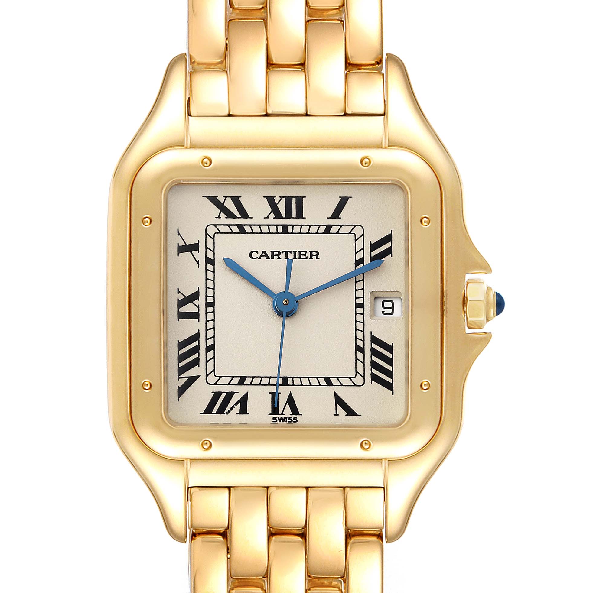 The image shows a frontal view of a Cartier Panthere W2501489 Men's Yellow Gold Silver Dial W2501489 Men's Yellow Gold Silver Dial watch, focusing on its face, hands, and part of the bracelet.