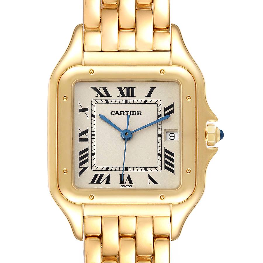 The image shows a frontal view of a Cartier Panthere W2501489 Men's Yellow Gold Silver Dial W2501489 Men's Yellow Gold Silver Dial watch, focusing on its face, hands, and part of the bracelet.