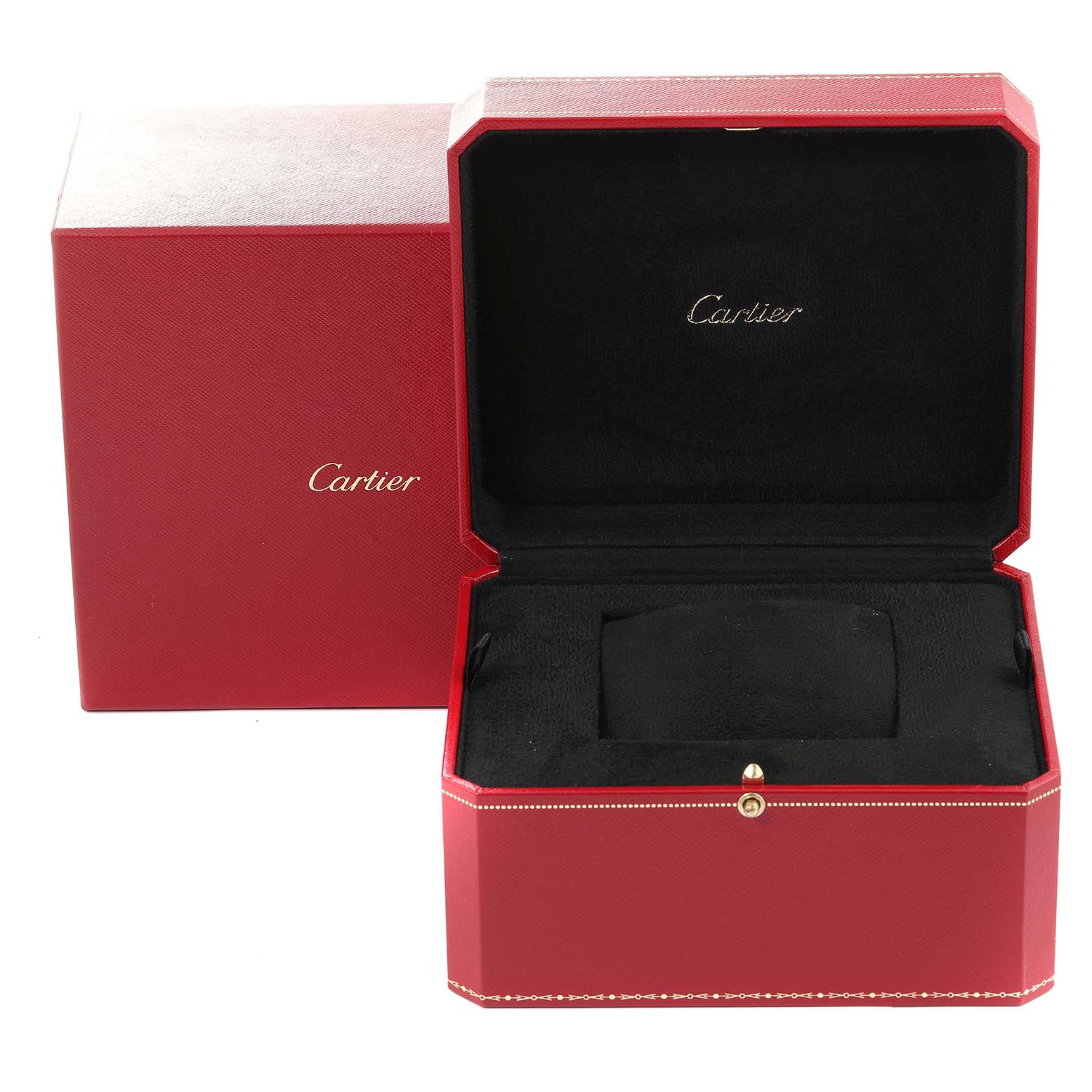 The image shows an open red Cartier Panthere W2501489 Men's Yellow Gold Silver Dial W2501489 Men's Yellow Gold Silver Dial watch box with the lid open, revealing a black interior.