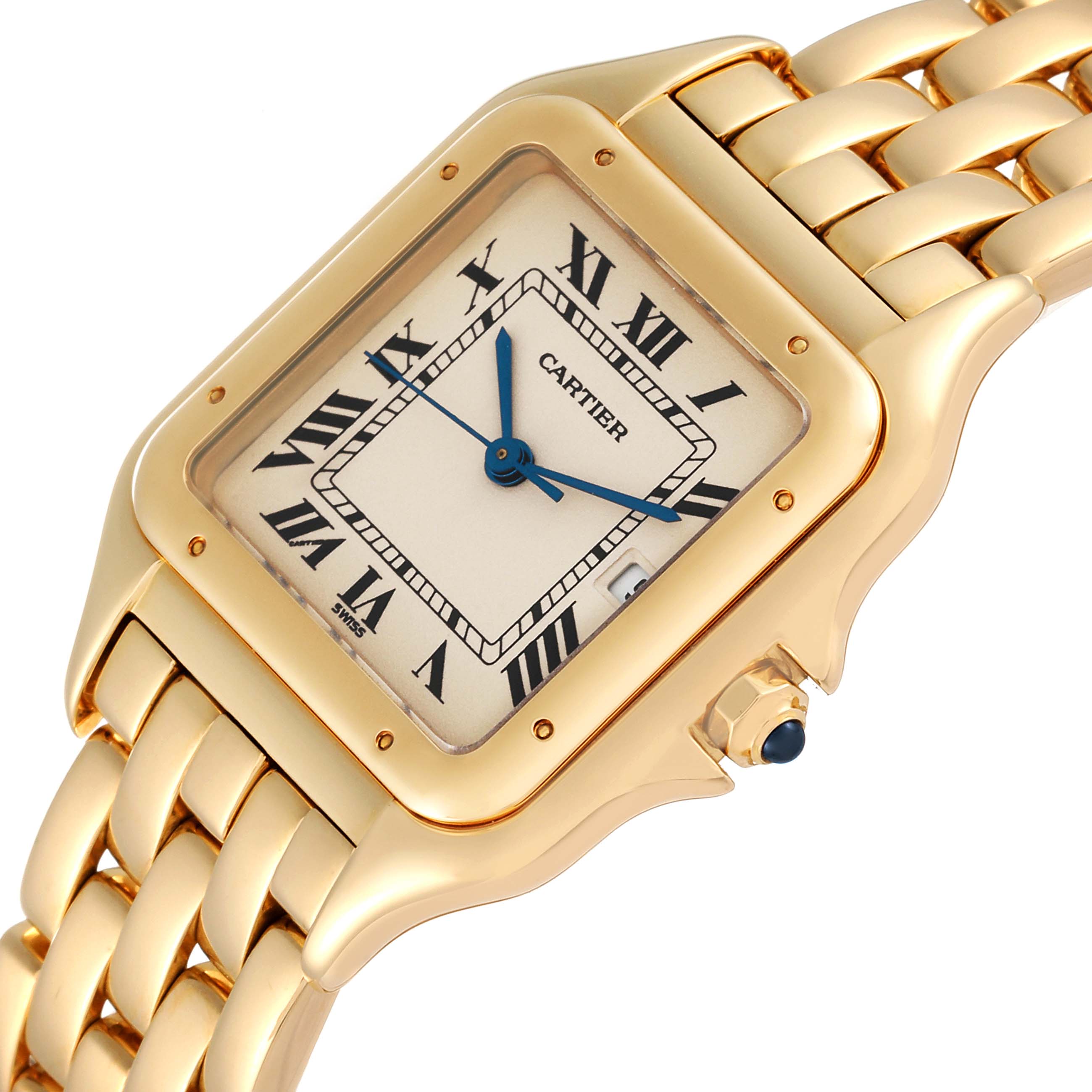 The image shows a close-up of the Cartier Panthere W2501489 Men's Yellow Gold Silver Dial W2501489 Men's Yellow Gold Silver Dial watch, highlighting the dial, case, and a portion of the bracelet.