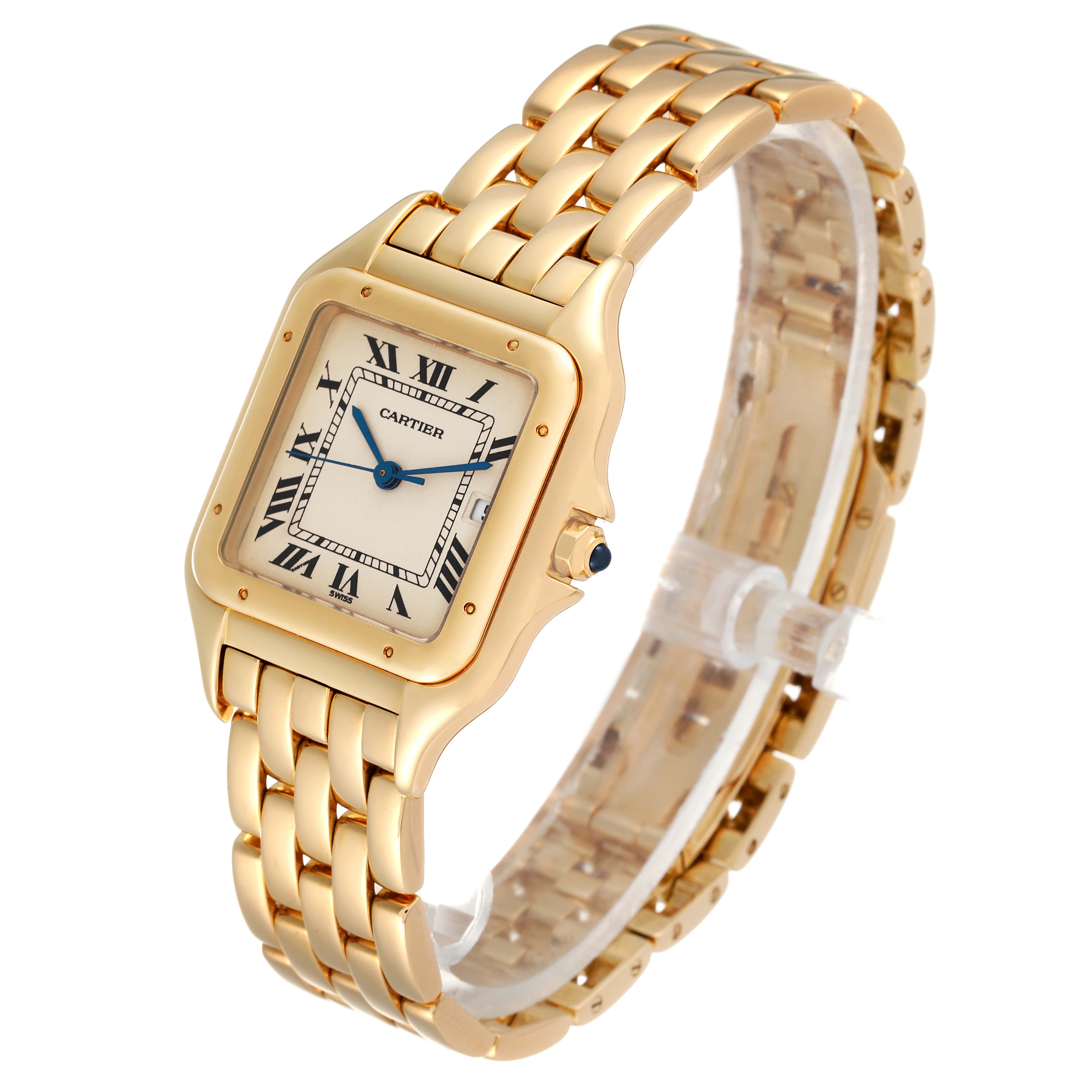 The image shows a Cartier Panthere W2501489 Men's Yellow Gold Silver Dial W2501489 Men's Yellow Gold Silver Dial watch at a three-quarter angle, highlighting its gold case, dial, and bracelet.