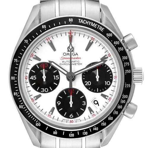 The image shows a close-up of the Omega Speedmaster 323.30.40.40.04.001 Men's Stainless Steel White Dial 323.30.40.40.04.001 Men's Stainless Steel White Dial watch face and bezel, displaying the chronograph sub-dials and tachymeter scale.