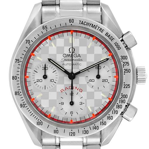 The image shows a frontal view of the Omega Speedmaster 3517.30.00 Men's Stainless Steel Silver Dial 3517.30.00 Men's Stainless Steel Silver Dial Racing watch, displaying its dial, bezel, crown, and part of its bracelet.
