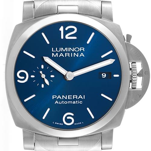 The image shows a front view of the Panerai Luminor PAM01316 Men's Stainless Steel Blue Dial PAM01316 Men's Stainless Steel Blue Dial Marina watch, highlighting the blue dial, date window, and crown guard.