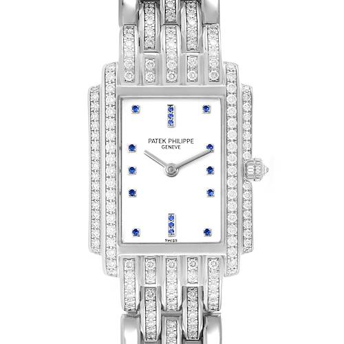 This image shows a front view of a Patek Philippe Gondolo 4825G Women's White Gold White Dial 4825G Women's White Gold White Dial watch, highlighting its rectangular face, diamond accents, and bracelet.