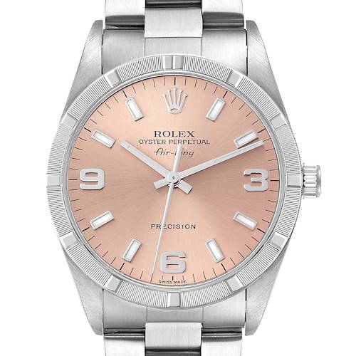 The image shows a front view of the Rolex Air-King 14010 Men's Stainless Steel Pink Dial 14010 Men's Stainless Steel Pink Dial watch, highlighting its dial, markers, hands, crown, and bracelet.