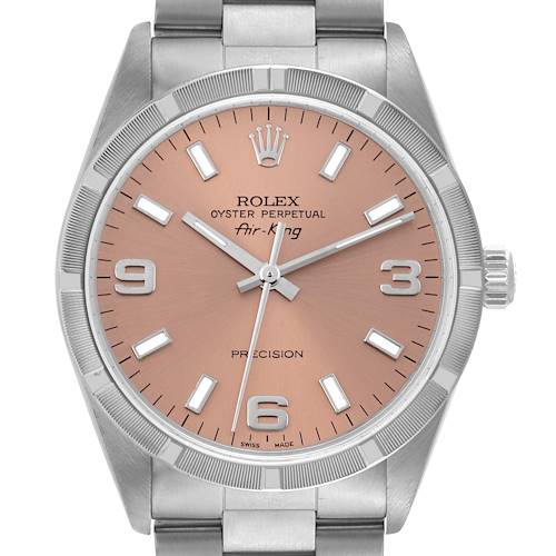 This image displays a front view of the Rolex Air-King 14010 Men's Stainless Steel Pink Dial 14010 Men's Stainless Steel Pink Dial watch, highlighting the dial, bezel, and part of the bracelet.