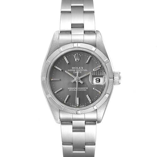 The image shows a front view of a Rolex Oyster Perpetual Date watch, displaying its dial, hands, bracelet, and date window.