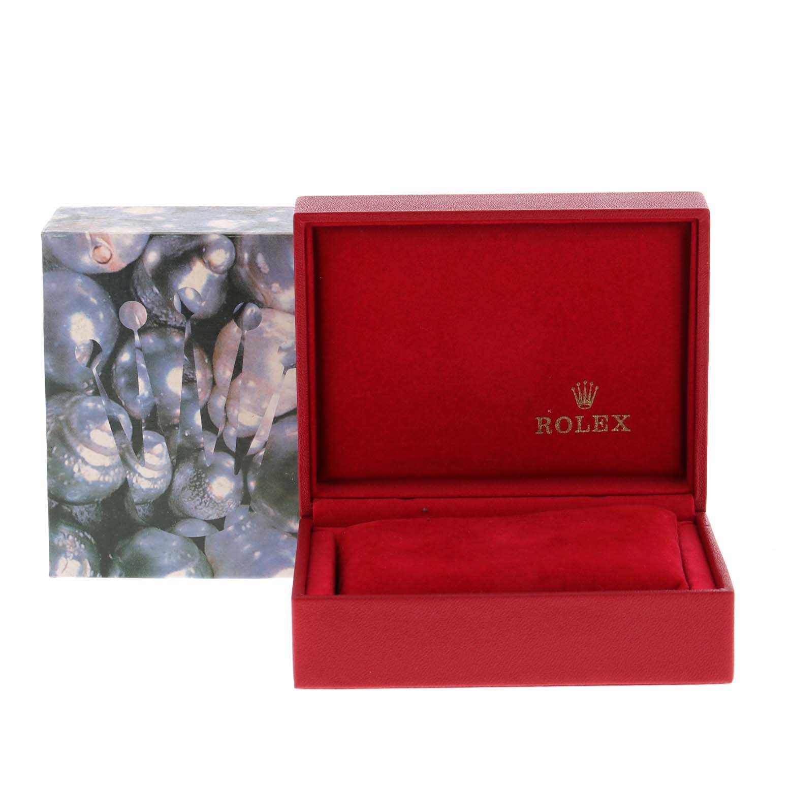 This is a Rolex Date 79190 Women's Stainless Steel White Dial 79190 Women's Stainless Steel White Dial model watch box and packaging, showing an open red box with the Rolex logo inside and the outer packaging.