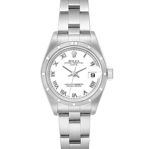 This image shows the front view of a Rolex Oyster Perpetual Date watch, displaying the face, bezel, and bracelet.