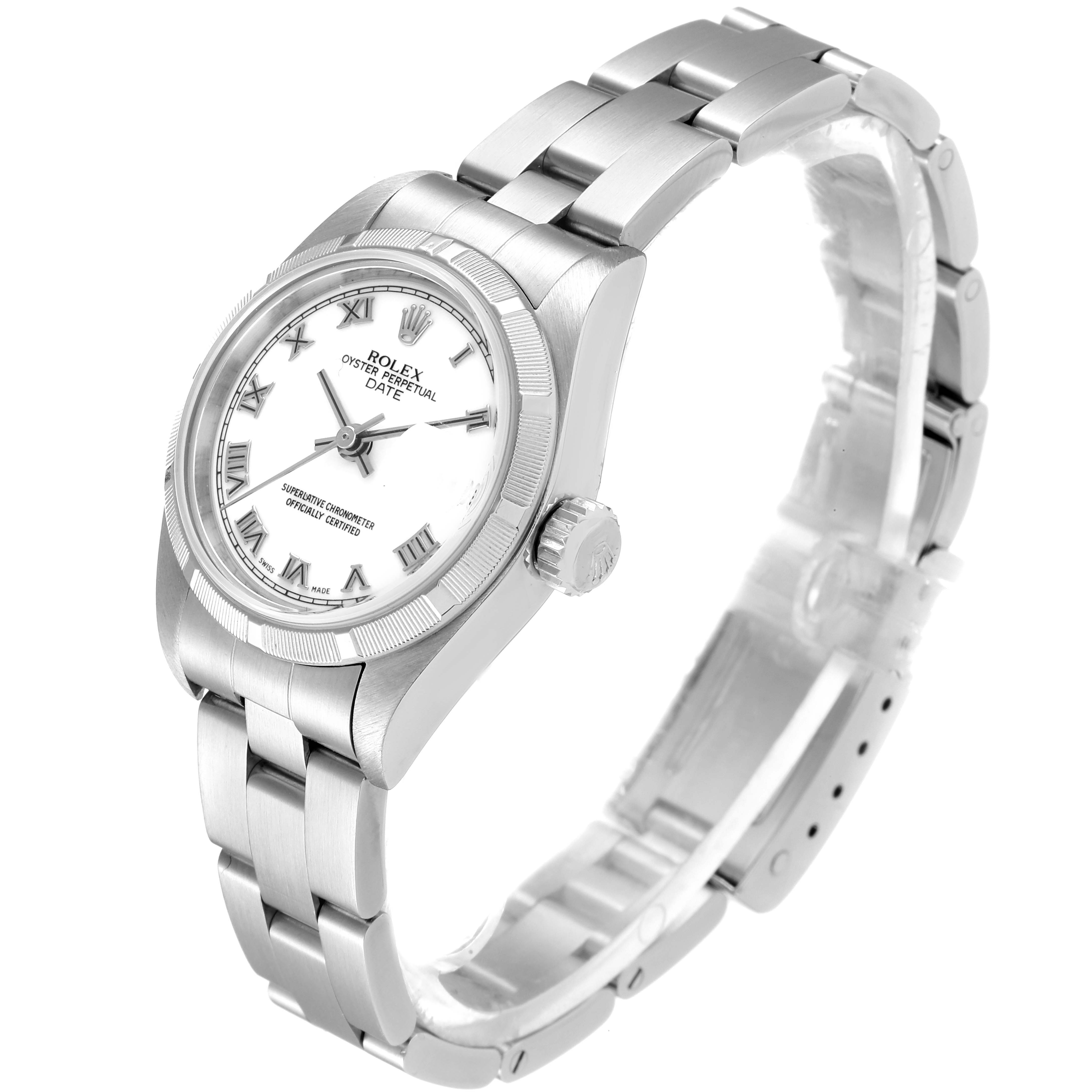 The image shows a Rolex Date 79190 Women's Stainless Steel White Dial 79190 Women's Stainless Steel White Dial model watch at a 3/4 angle, highlighting the dial, bezel, crown, and bracelet.