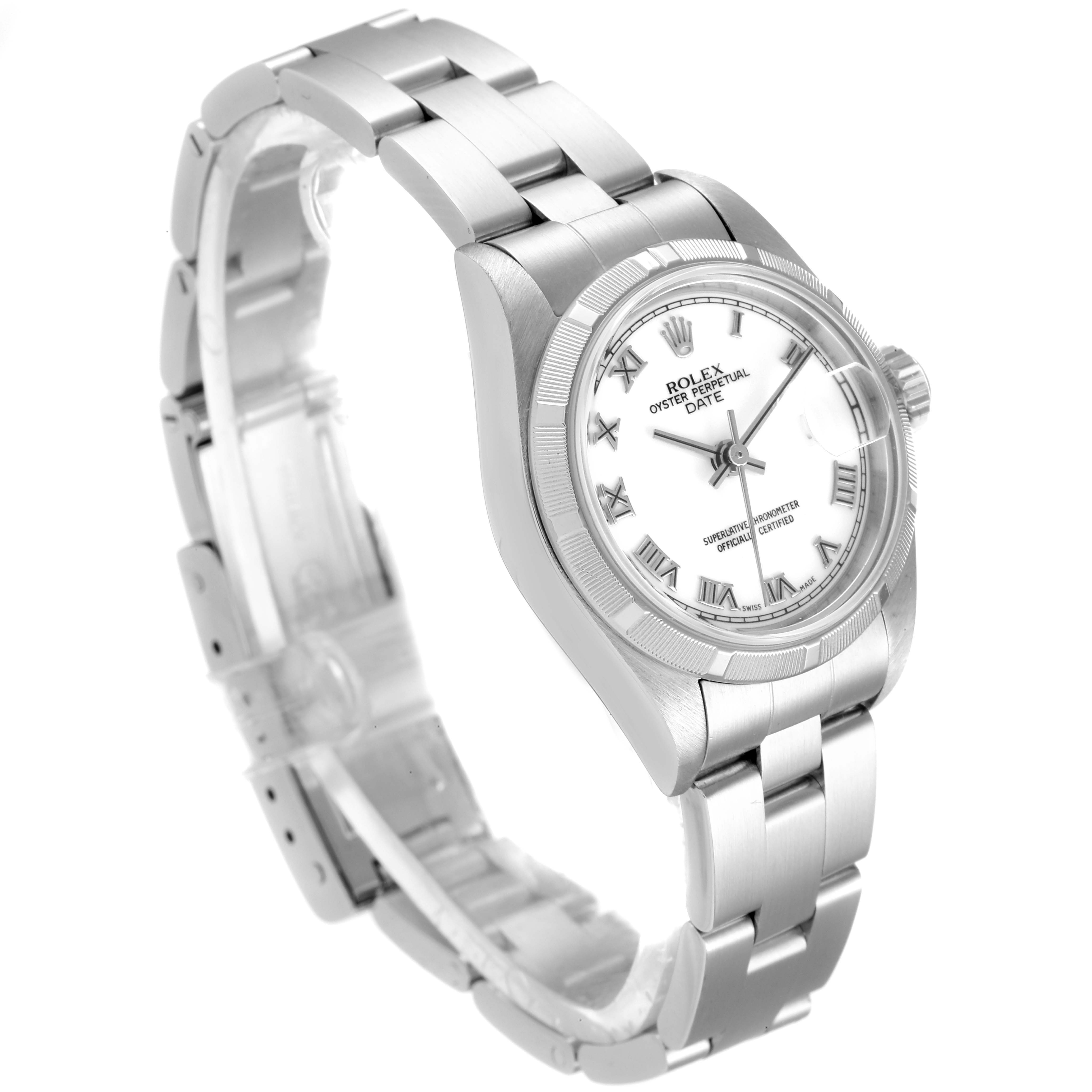This image shows a Rolex Date 79190 Women's Stainless Steel White Dial 79190 Women's Stainless Steel White Dial model watch at a three-quarter angle, showcasing the bezel, dial, and bracelet.