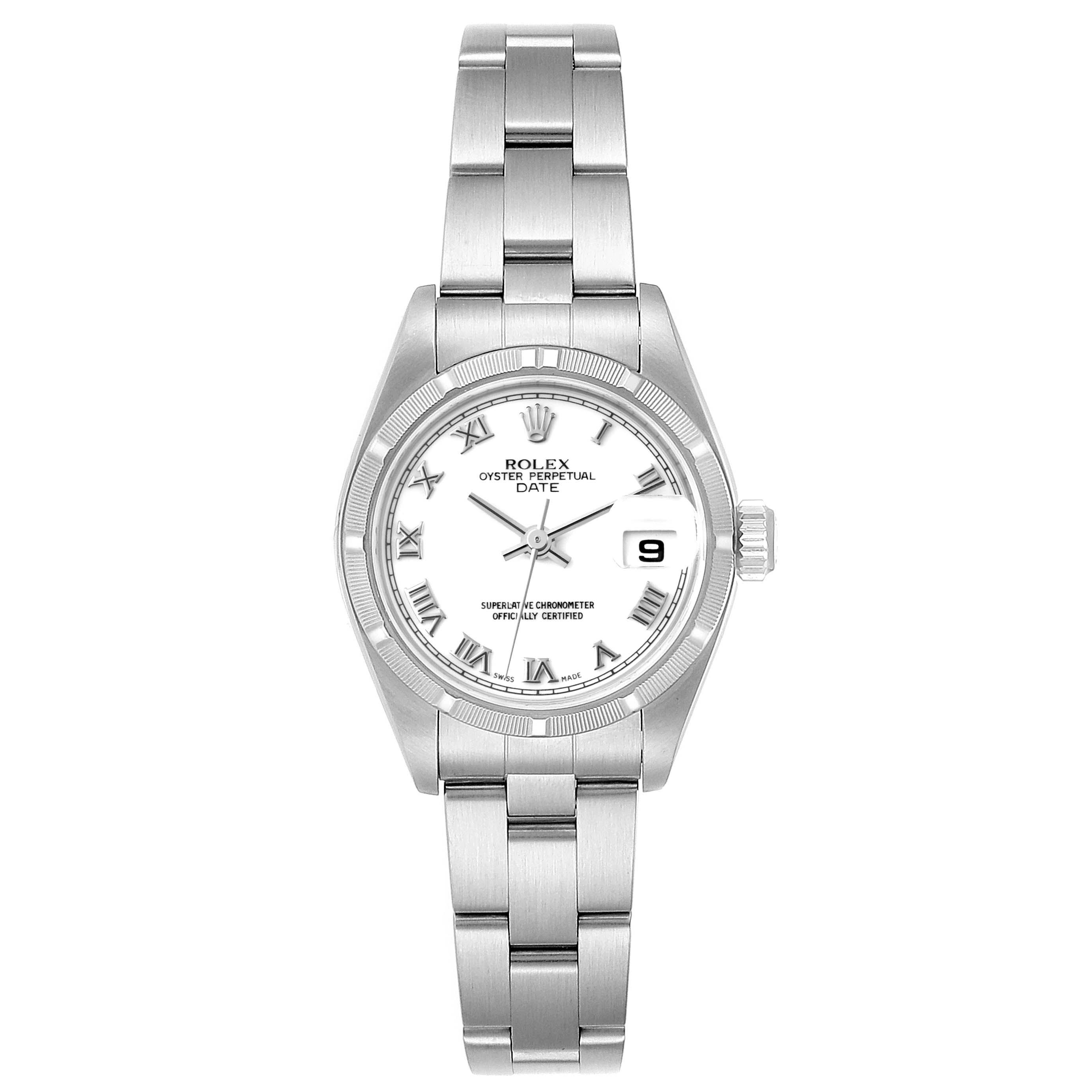 The image shows a frontal view of a Rolex Date 79190 Women's Stainless Steel White Dial 79190 Women's Stainless Steel White Dial model watch, displaying the face, bezel, and bracelet.
