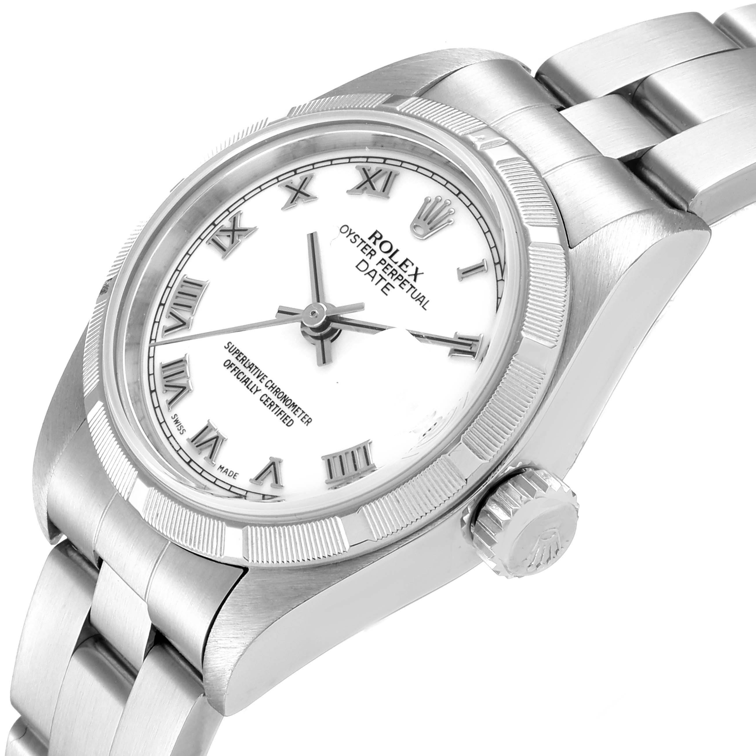 The Rolex Date 79190 Women's Stainless Steel White Dial 79190 Women's Stainless Steel White Dial model watch is shown at an angled view, highlighting the dial, crown, and part of the bracelet.