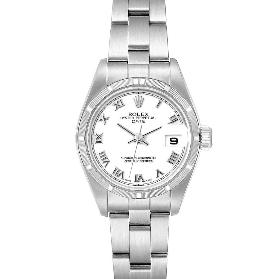 This image shows a front view of a Rolex Date 79190 Women's Stainless Steel White Dial 79190 Women's Stainless Steel White Dial model watch, displaying the dial, bezel, bracelet, and crown.