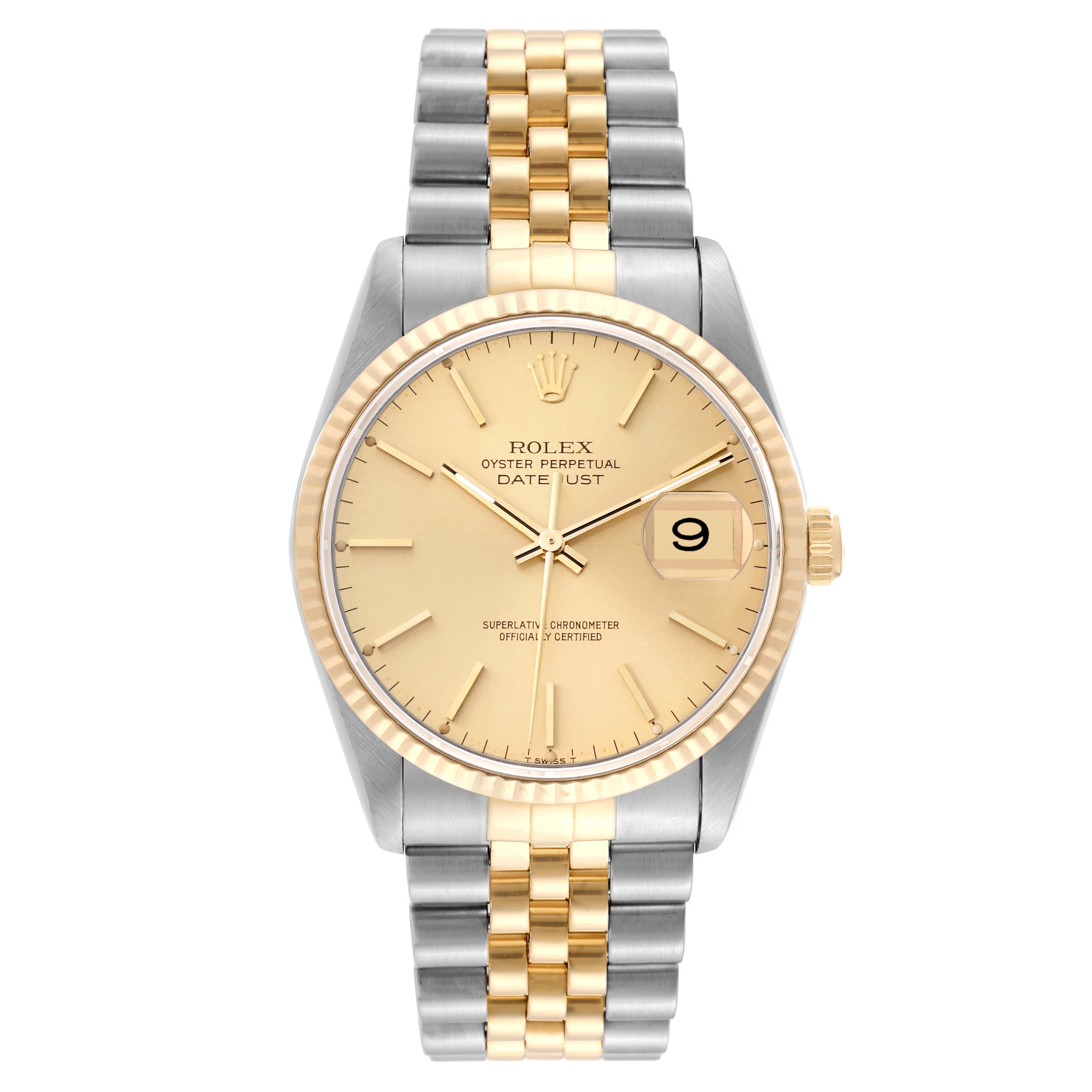 The image shows a Rolex Datejust 16233 Men's Steel and Gold (two tone) Champagne Dial 16233 Men's Steel and Gold (two tone) Champagne Dial watch from a front angle, displaying its dial, bezel, and two-tone bracelet.