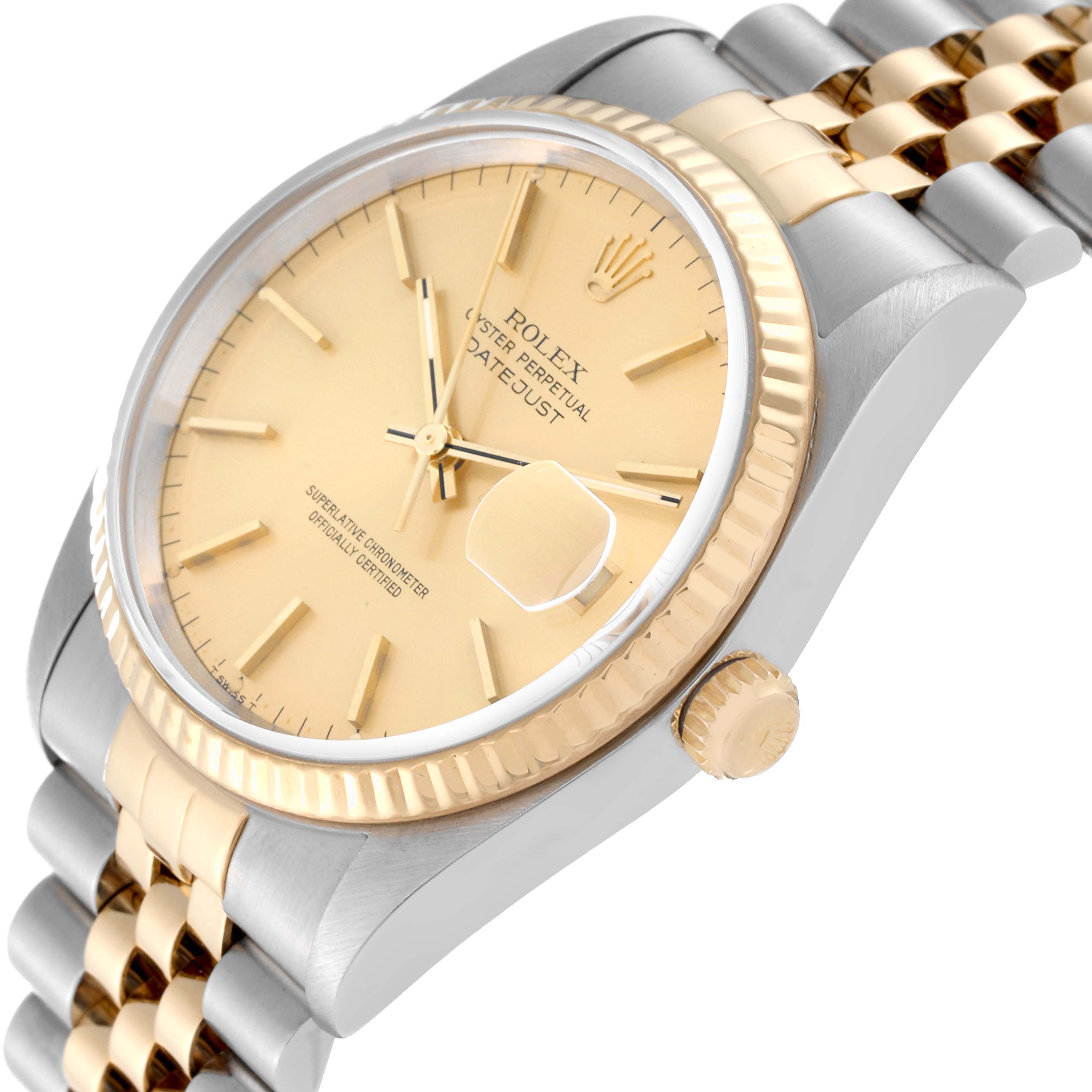 This image shows a Rolex Datejust 16233 Men's Steel and Gold (two tone) Champagne Dial 16233 Men's Steel and Gold (two tone) Champagne Dial watch at an angled view, highlighting the dial, bezel, crown, and part of the jubilee bracelet.