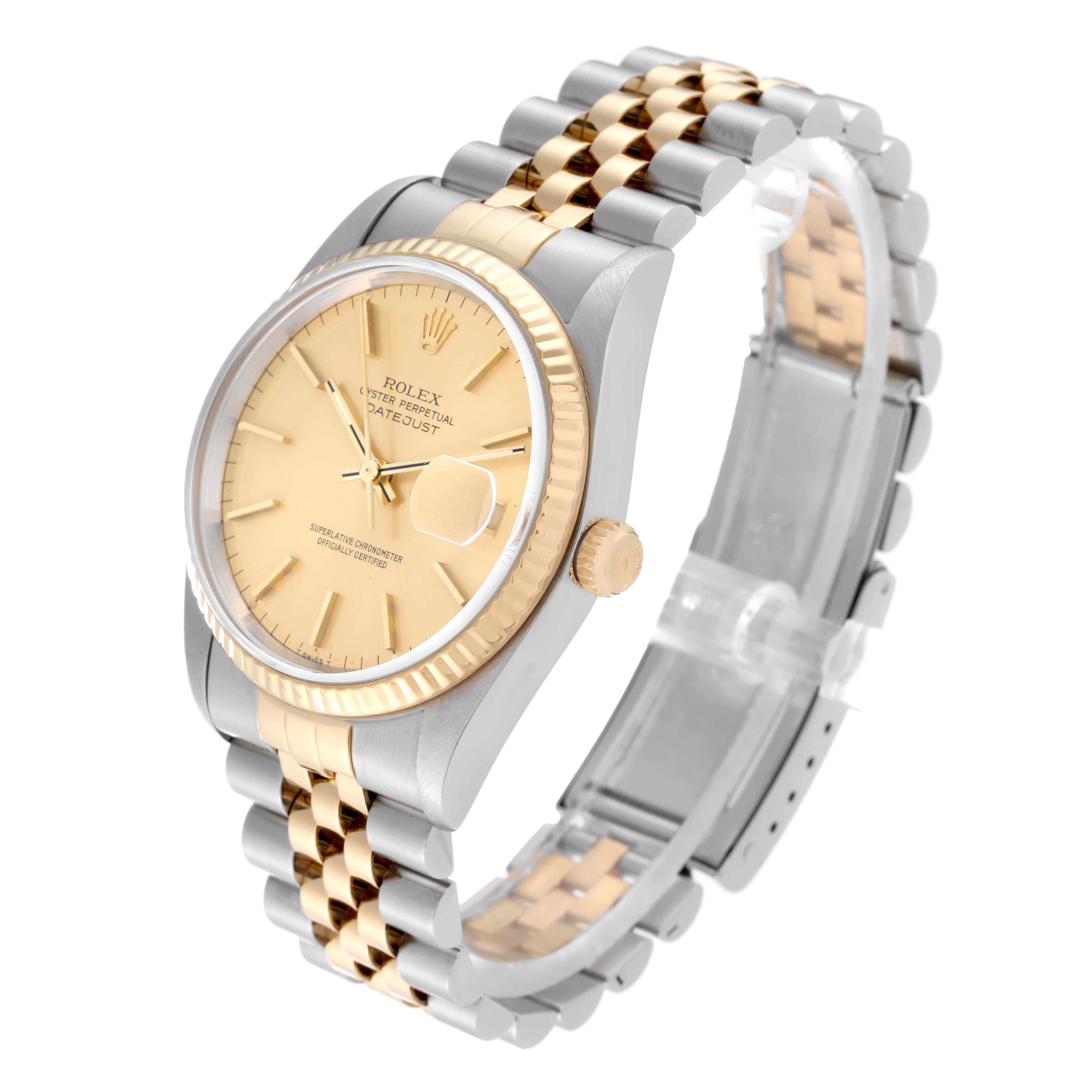 The image shows a Rolex Datejust 16233 Men's Steel and Gold (two tone) Champagne Dial 16233 Men's Steel and Gold (two tone) Champagne Dial watch at an angle highlighting its face, bezel, crown, and two-tone bracelet.