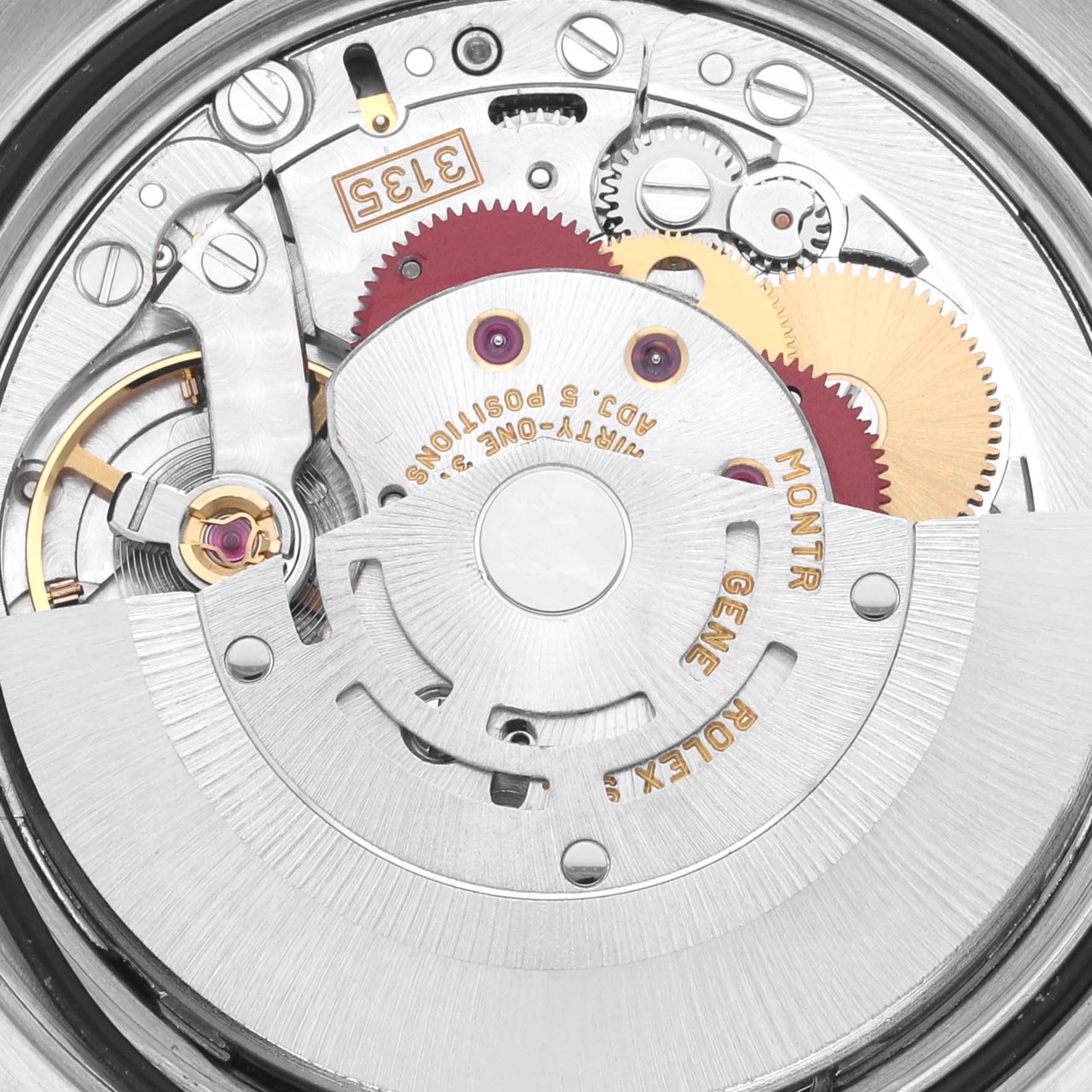 The image shows a detailed view of the movement mechanism of a Rolex Datejust 16233 Men's Steel and Gold (two tone) Champagne Dial 16233 Men's Steel and Gold (two tone) Champagne Dial watch.