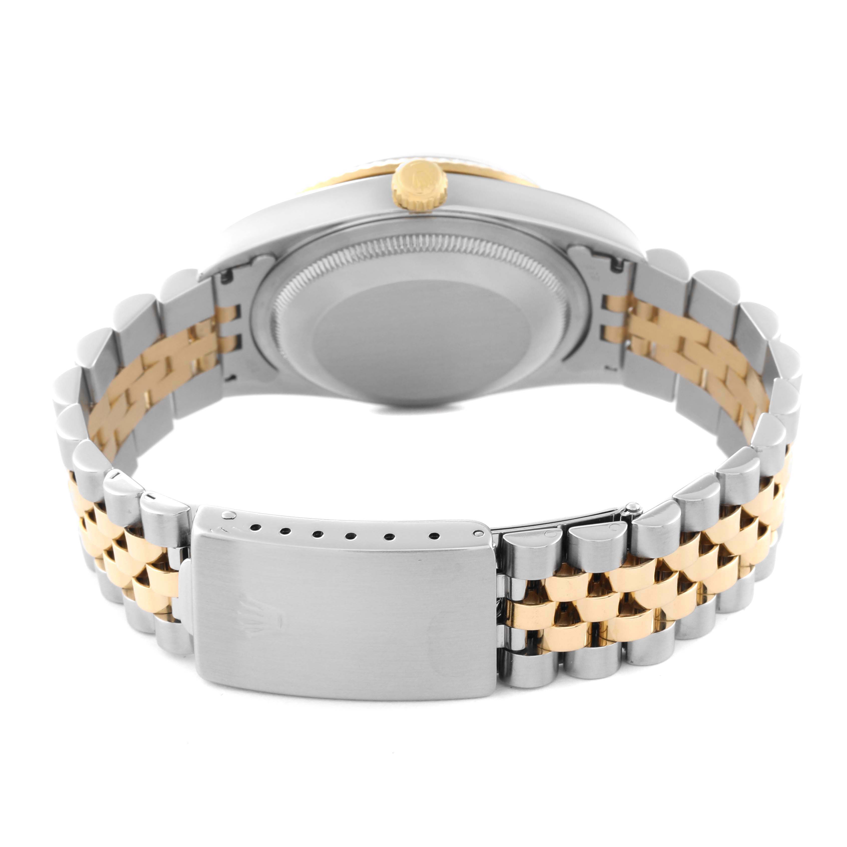 This image shows the back view of the Rolex Datejust 16233 Men's Steel and Gold (two tone) Champagne Dial 16233 Men's Steel and Gold (two tone) Champagne Dial watch, focusing on the caseback, crown, and the bracelet with the clasp.