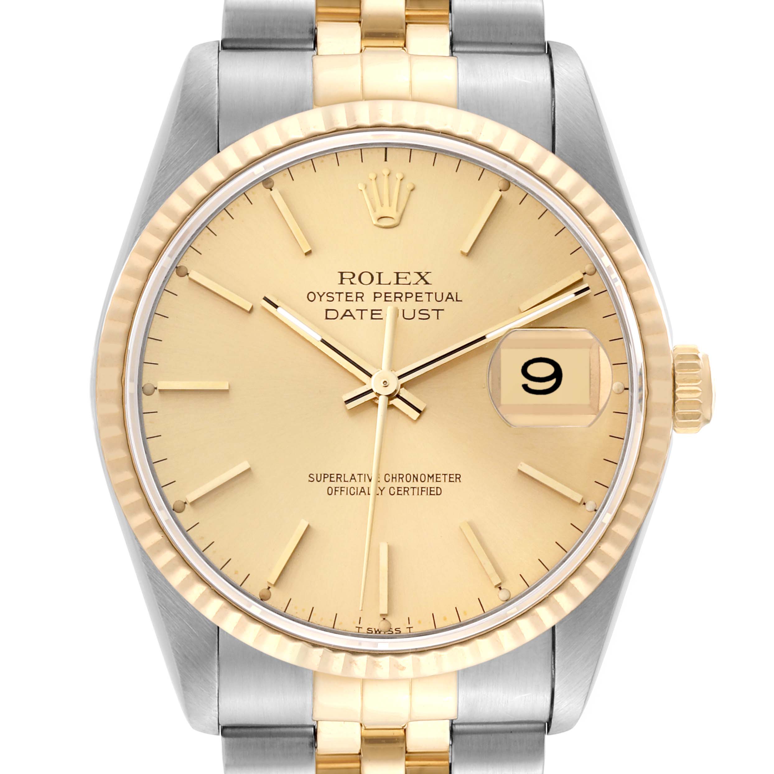 The image shows a front view of a Rolex Datejust 16233 Men's Steel and Gold (two tone) Champagne Dial 16233 Men's Steel and Gold (two tone) Champagne Dial watch, highlighting the dial, bezel, and part of the bracelet.