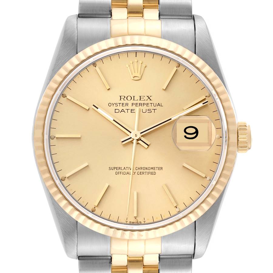 The image shows a front view of a Rolex Datejust 16233 Men's Steel and Gold (two tone) Champagne Dial 16233 Men's Steel and Gold (two tone) Champagne Dial watch, highlighting the dial, bezel, and part of the bracelet.