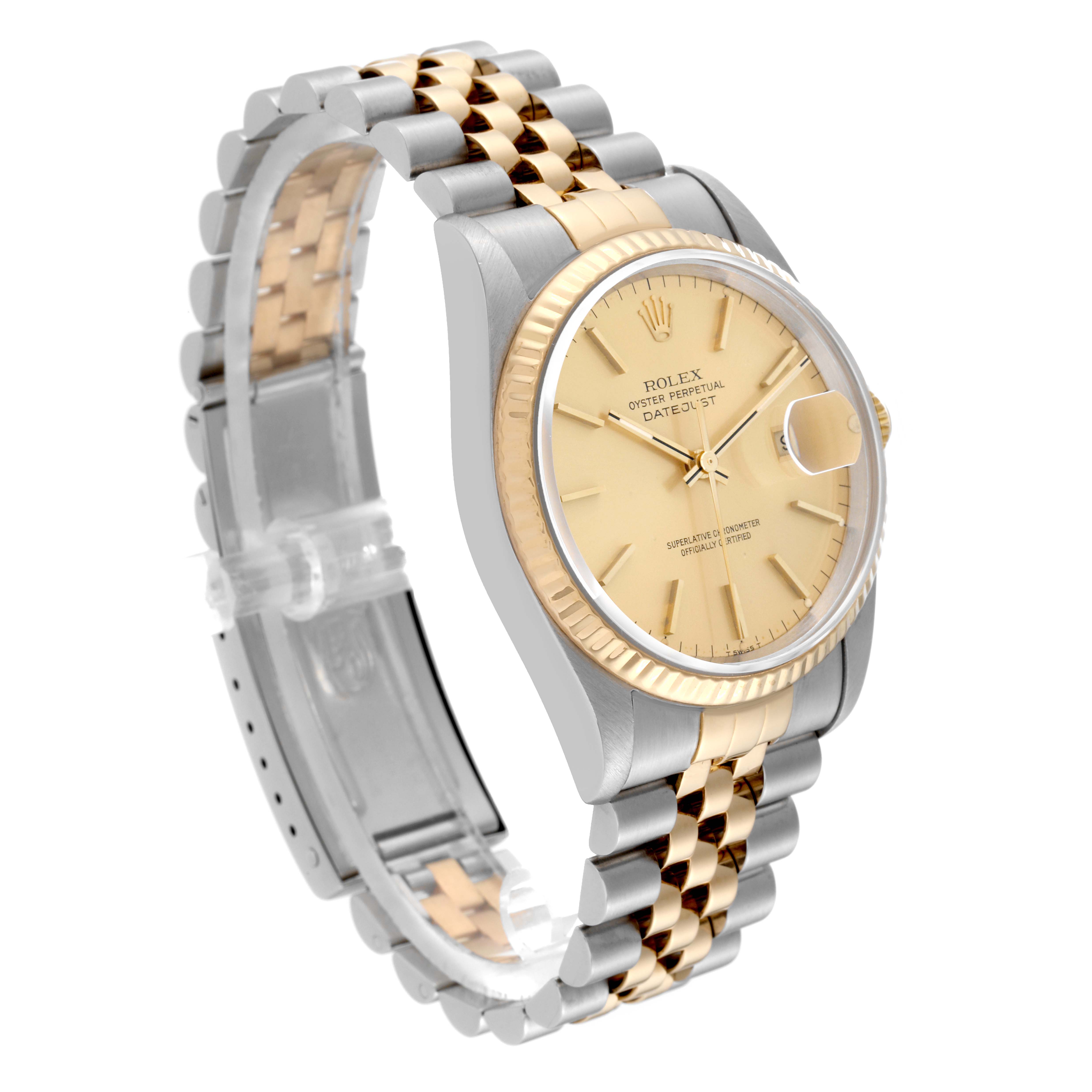 The Rolex Datejust 16233 Men's Steel and Gold (two tone) Champagne Dial 16233 Men's Steel and Gold (two tone) Champagne Dial watch is shown from a side angle, highlighting its dial, fluted bezel, and two-tone jubilee bracelet.