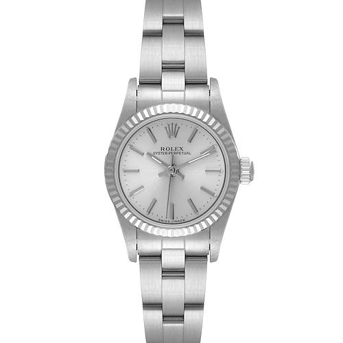 The image shows a front view of the Rolex Oyster Perpetual 76094 Women's Stainless Steel Silver Dial 76094 Women's Stainless Steel Silver Dial watch, featuring the dial, bezel, crown, and bracelet.