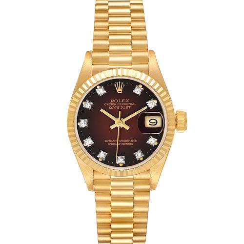 This image shows a Rolex President 69178 Women's Yellow Gold Red Dial 69178 Women's Yellow Gold Red Dial model watch from a front angle, displaying the dial, bezel, and bracelet.
