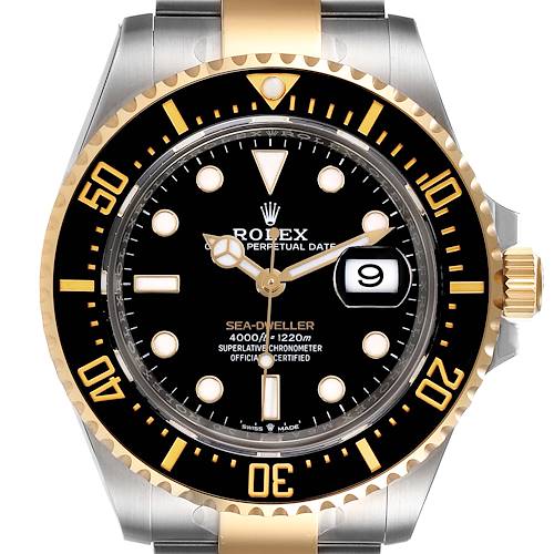 This image shows a front view of the Rolex Sea-Dweller 126603 Men's Steel and Gold (two tone) Black Dial 126603 Men's Steel and Gold (two tone) Black Dial watch, displaying the dial, bezel, and part of the bracelet.