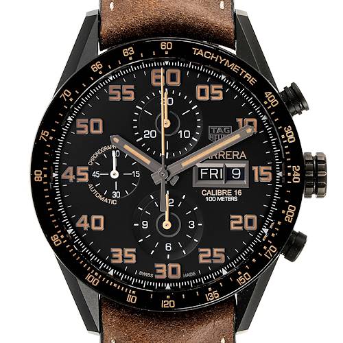 This image shows the Tag Heuer Carrera CV2A84.FC6394 Men's Titanium Black Dial CV2A84.FC6394 Men's Titanium Black Dial watch face, detailing its dials, numbers, hands, and bezel with a leather strap partially visible.